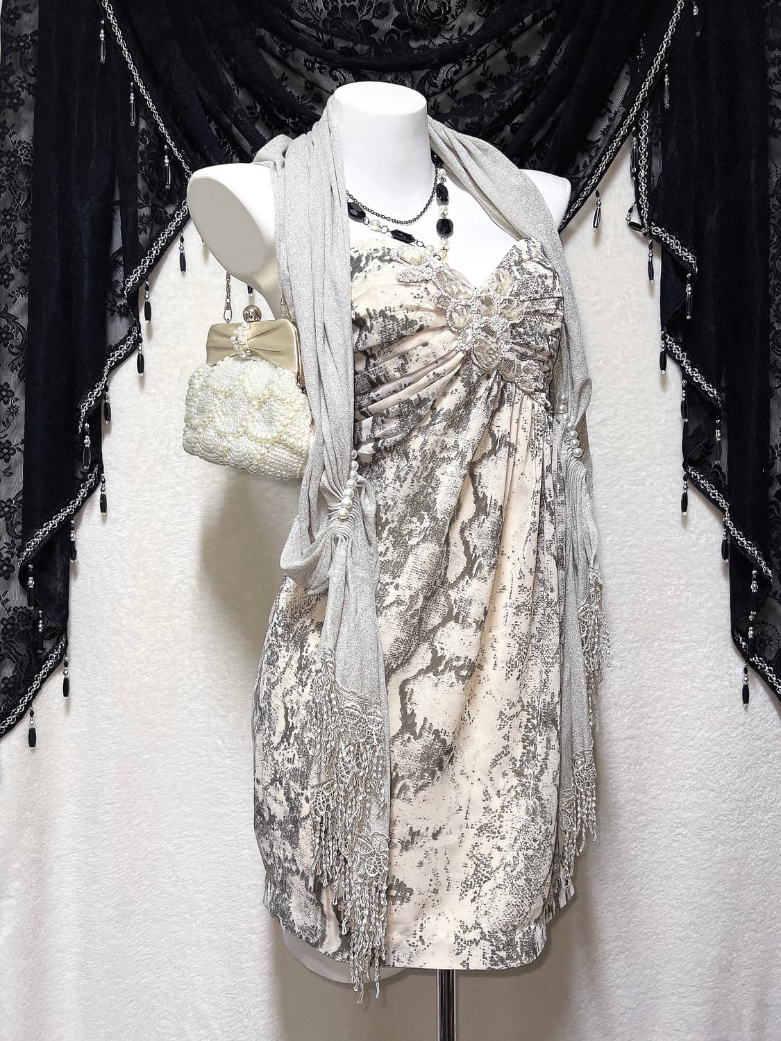 로맨틱갸루 로걀 오리엔탈 오네 히메 파이톤패턴 큐빅비즈 탑드레스 원피스 상품이미지2