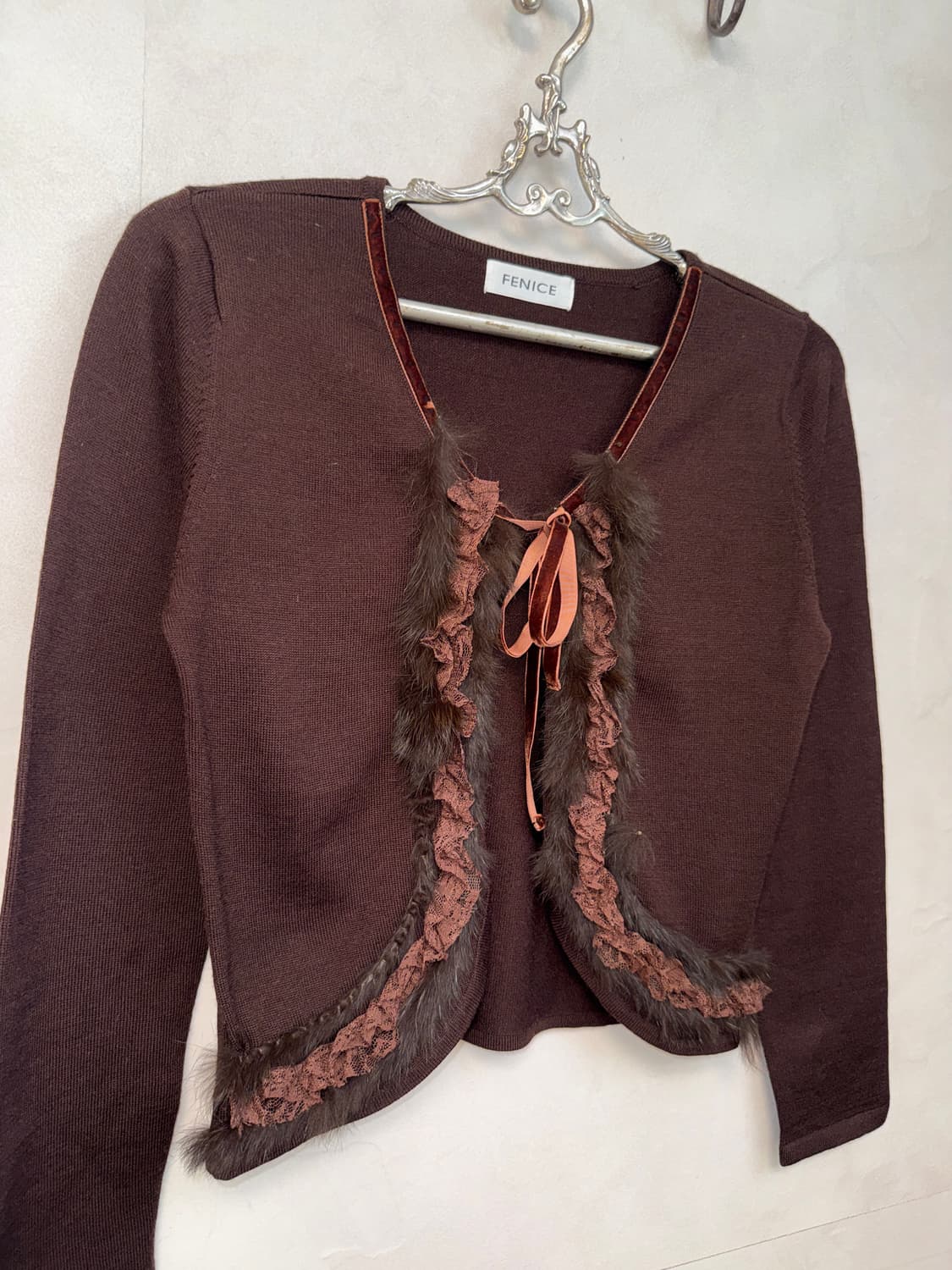 Brown rabbit fur trimming wool cardigan 상품이미지3