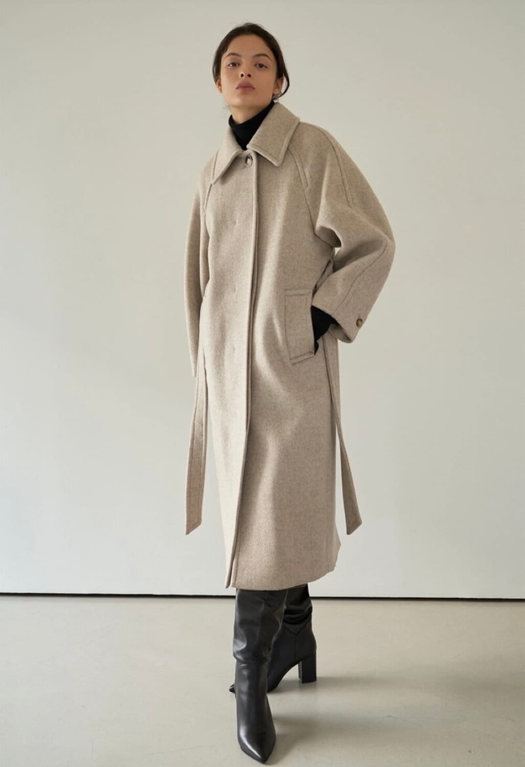 모한 케시미어 싱글 버튼 코트 오트밀 S 상품이미지3