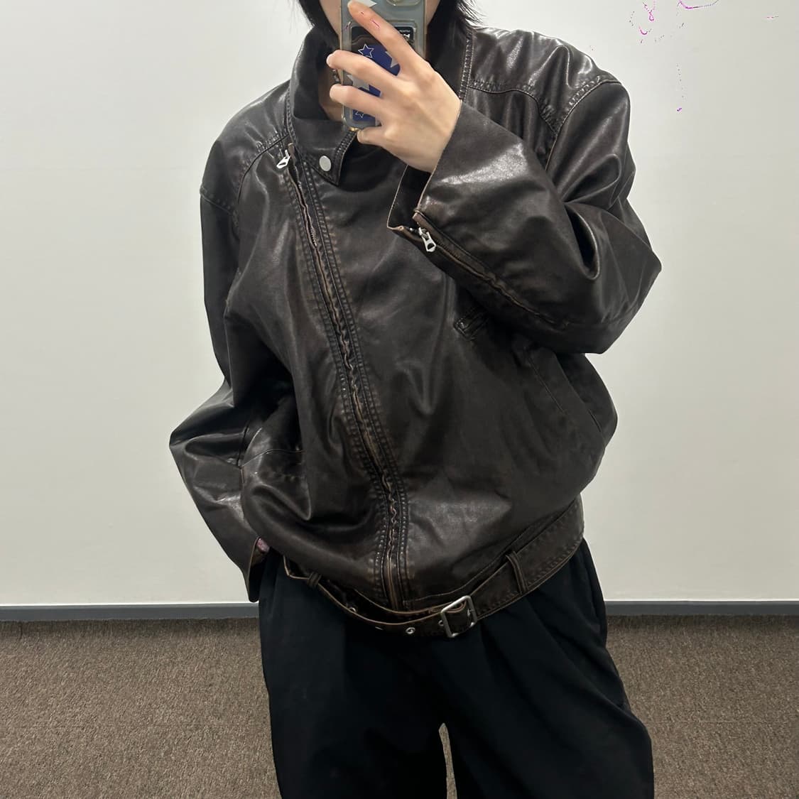 H&M 벨티드 사선 집업 레더 자켓 상품이미지2
