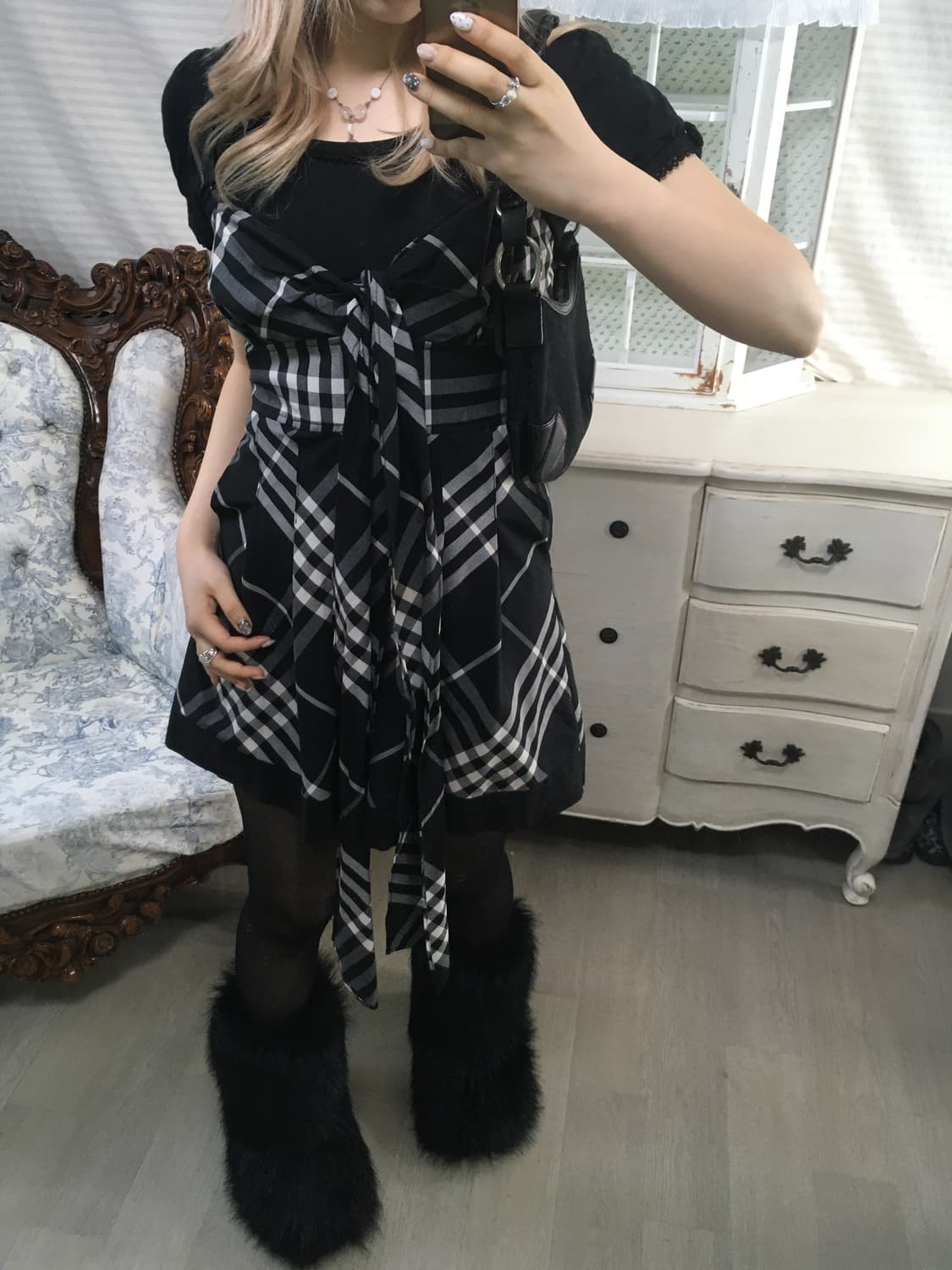 빈티지 로걀 리본 체크 점프수트 상품이미지1