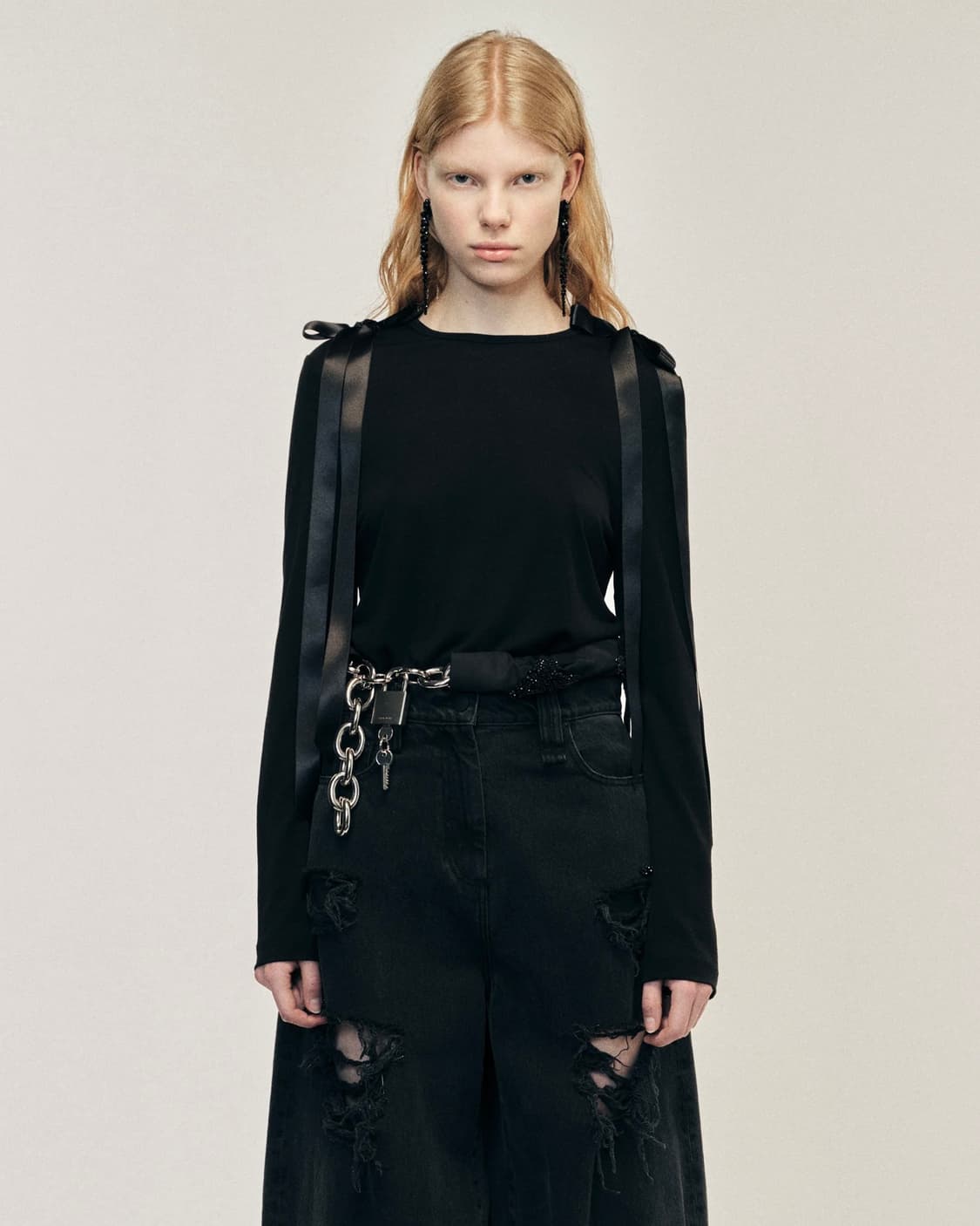 [M]시몬로샤 Bow Ribbon Tail 롱 슬리브리스 탑 상품이미지1