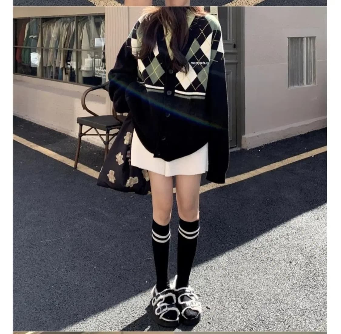빈티지아가일니트집업가디건아방박시보이핏브이넥체크오버핏모리걸니트스웨터자켓 상품이미지3
