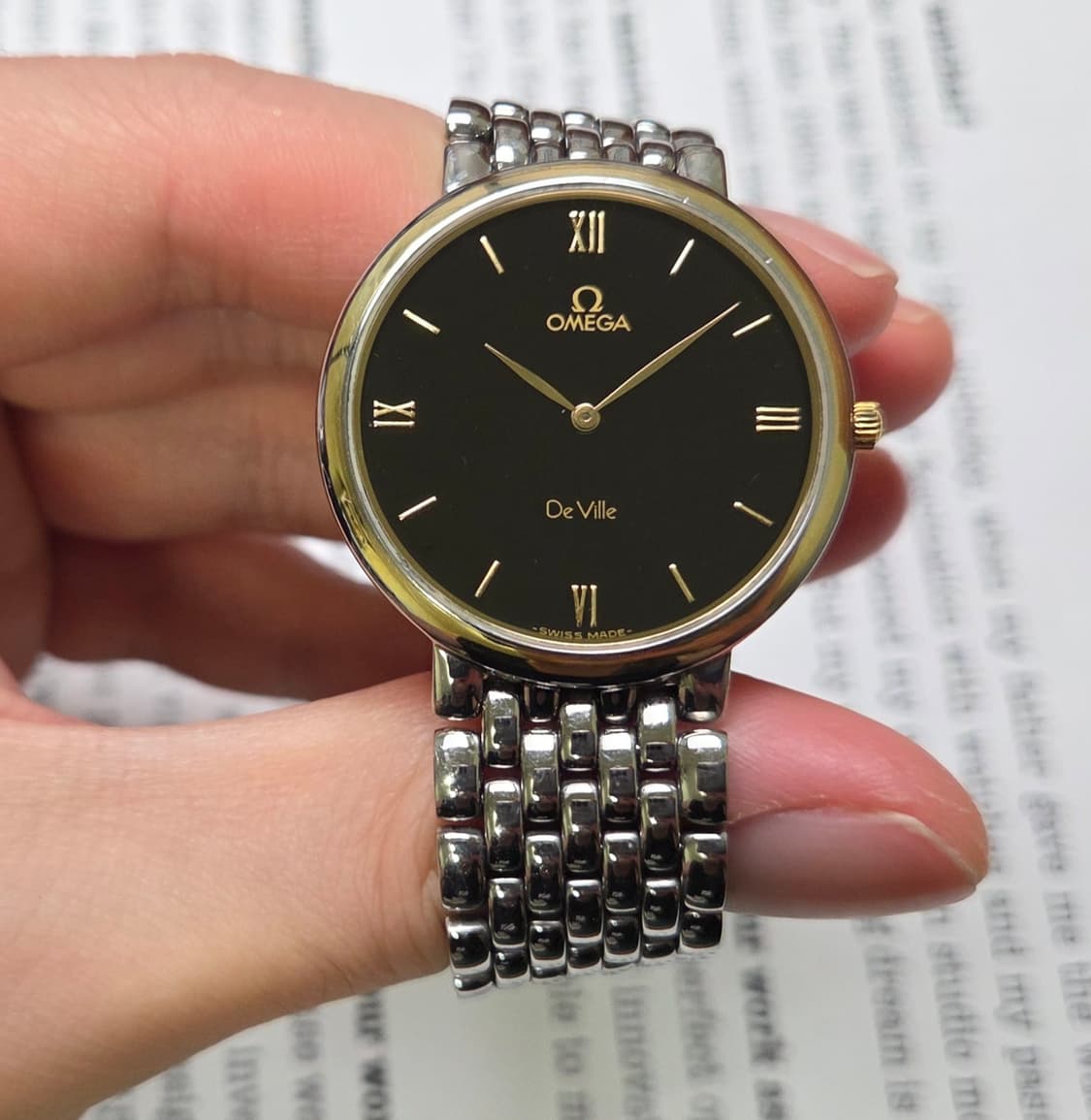 빈티지 오메가 드빌 18K베젤 블랙로만 슬림쿼츠 남성용 쌀알 브레이슬릿 상품이미지3