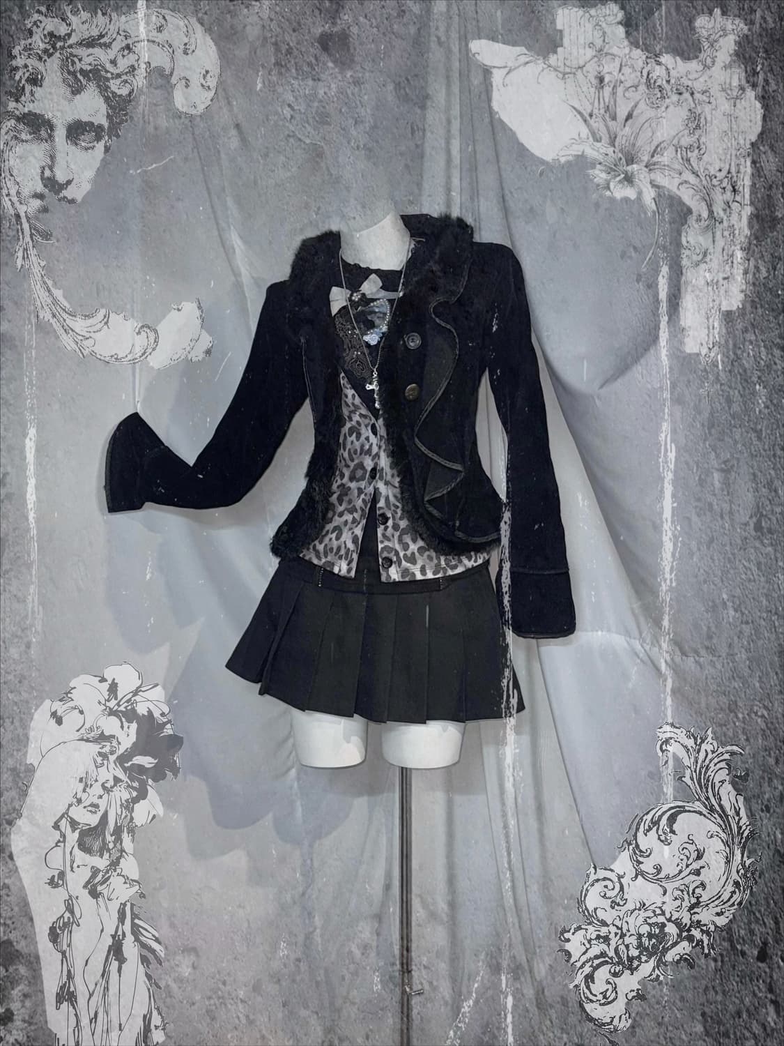 엑시즈팜 무채색 고스고딕 오리엔탈 레오파드 무채색 갸루 코디세트  상품이미지1