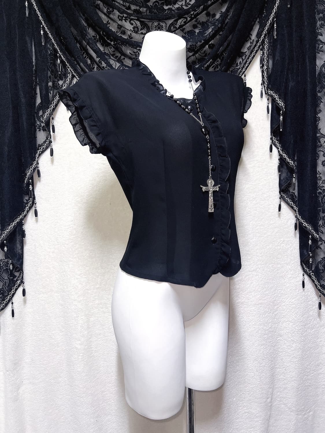 로맨틱고딕 고스로리 블랙 프릴 쉬폰 블라우스 로걀탑 공겜여주 갸루 핀터 상품이미지2