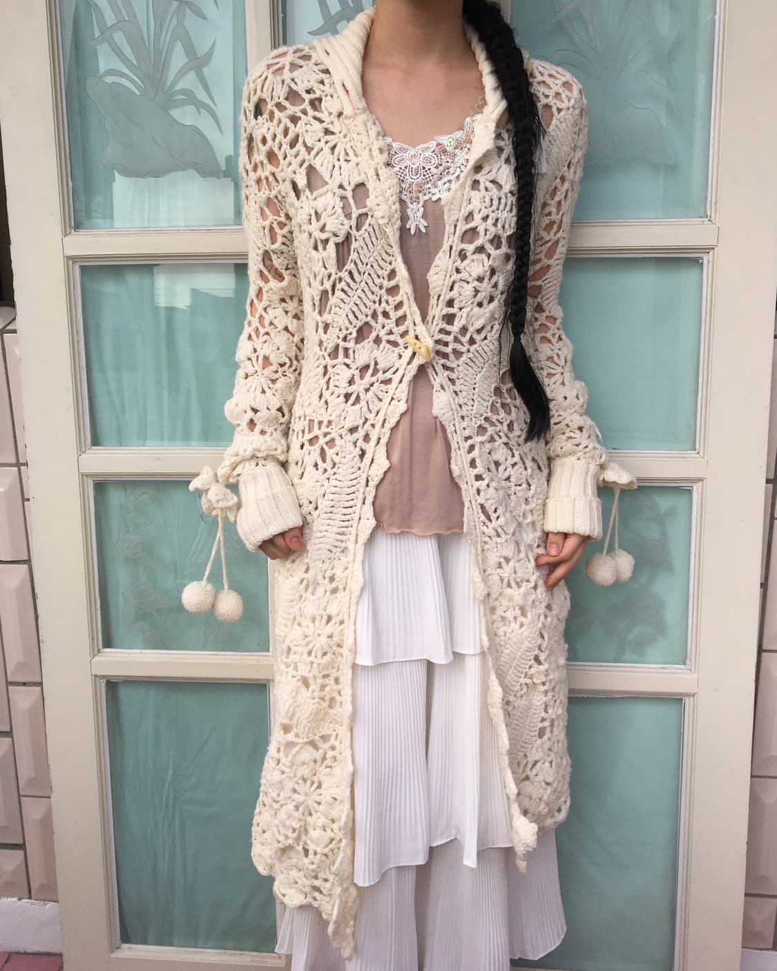 High neck crochet woolen knit cardigan 상품이미지1