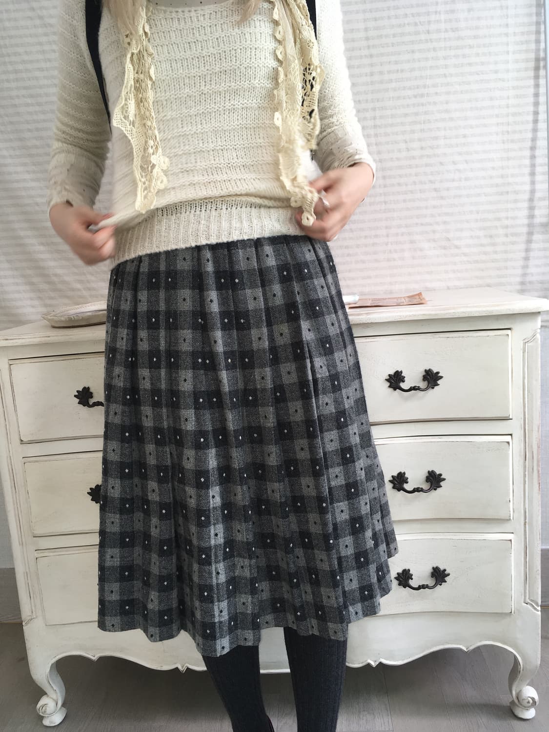jpn vintage charcoal dot check skirt 상품이미지3