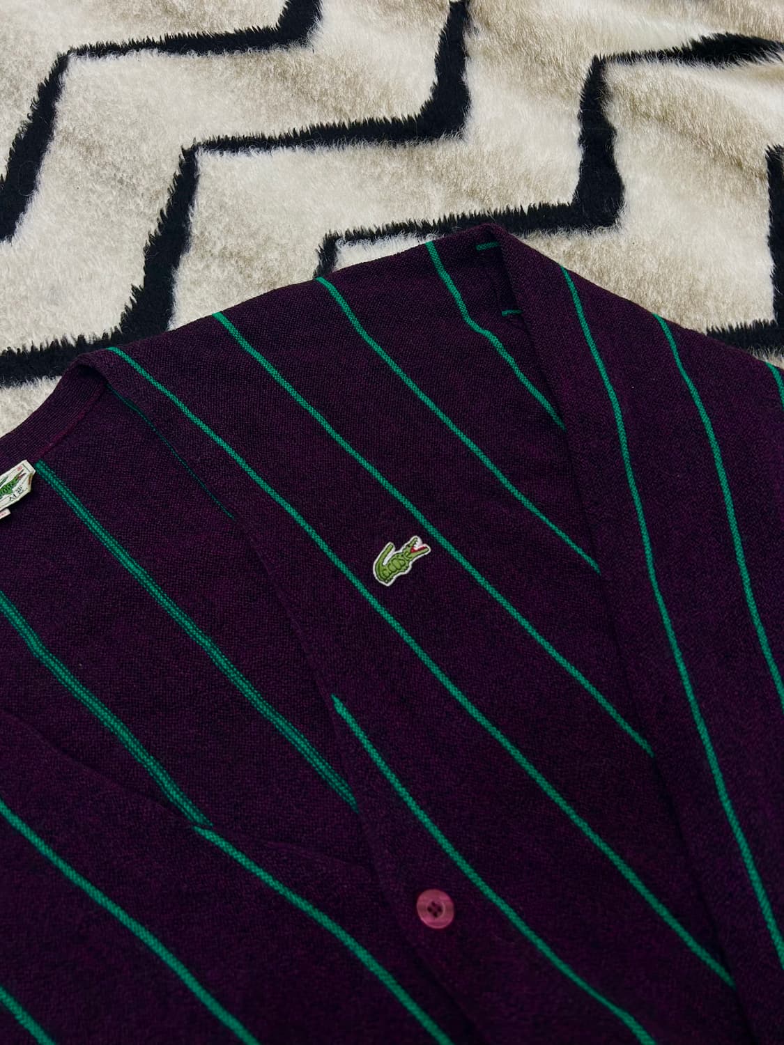 [L]라코스테 90s 그린 스트라이프 V넥 니트 가디건/딥퍼플 상품이미지1