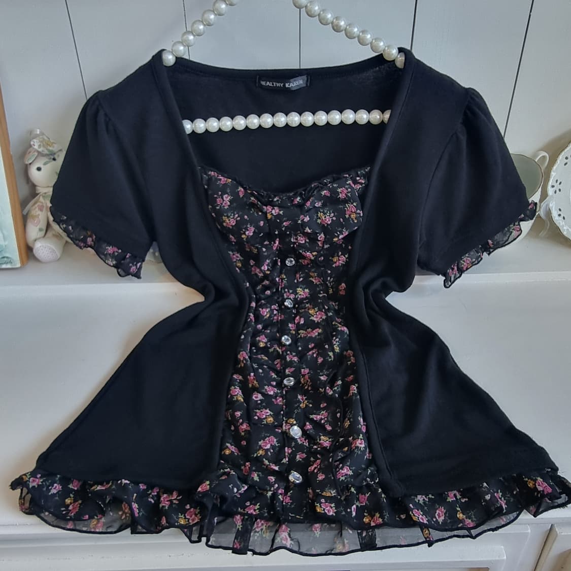 헬시카렌 리본 플라워 레이어드 반팔 상품이미지1