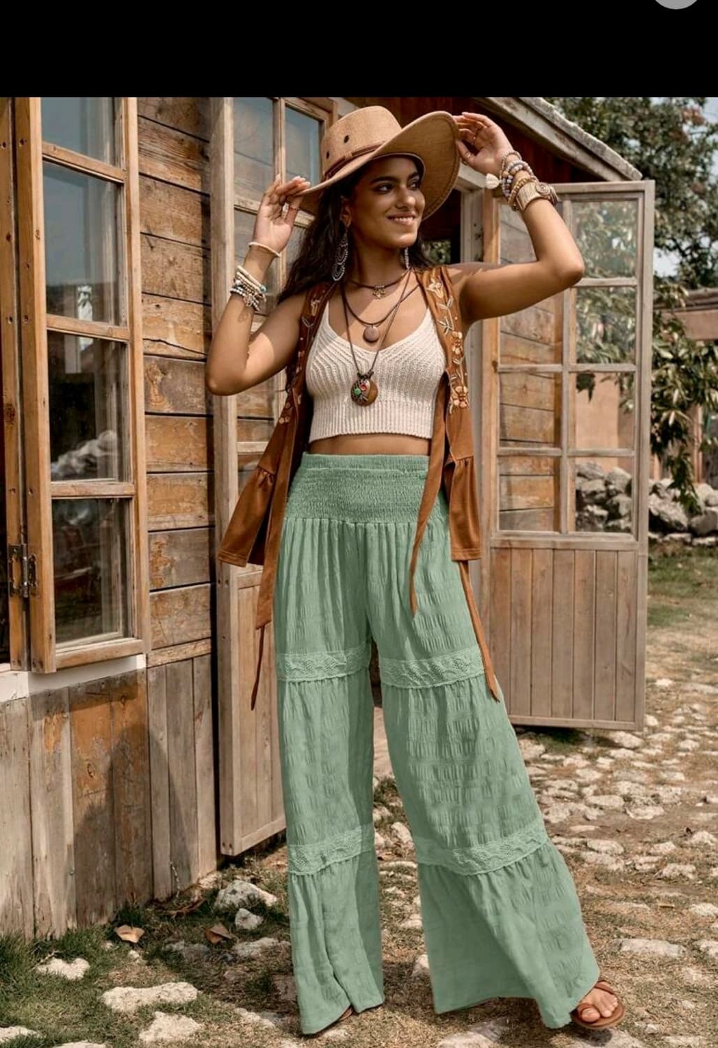 boho 보헤미안 히피 스타일 카키 롱 와이드 팬츠 캉캉 바지 빈티지 상품이미지3