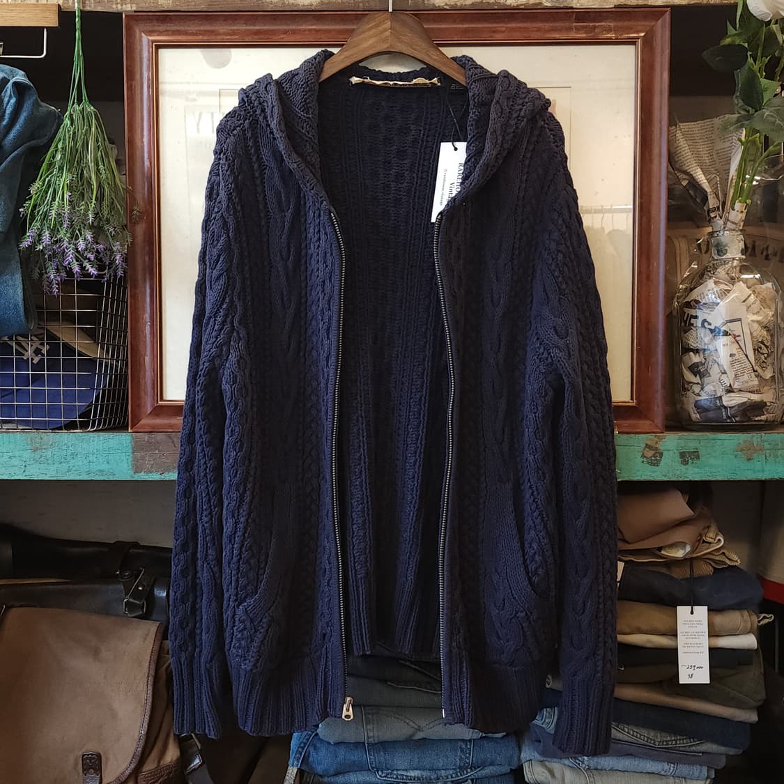 90s 폴로 진스 컴퍼니 후드 집업 자켓 린넨 코튼 케이블 네이비 L 상품이미지2