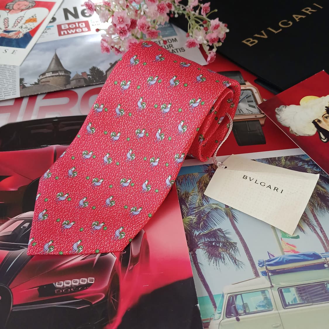 불가리 실크 레드 닭 모티브 넥타이 9.9cm 새상품 A19054
 상품이미지2