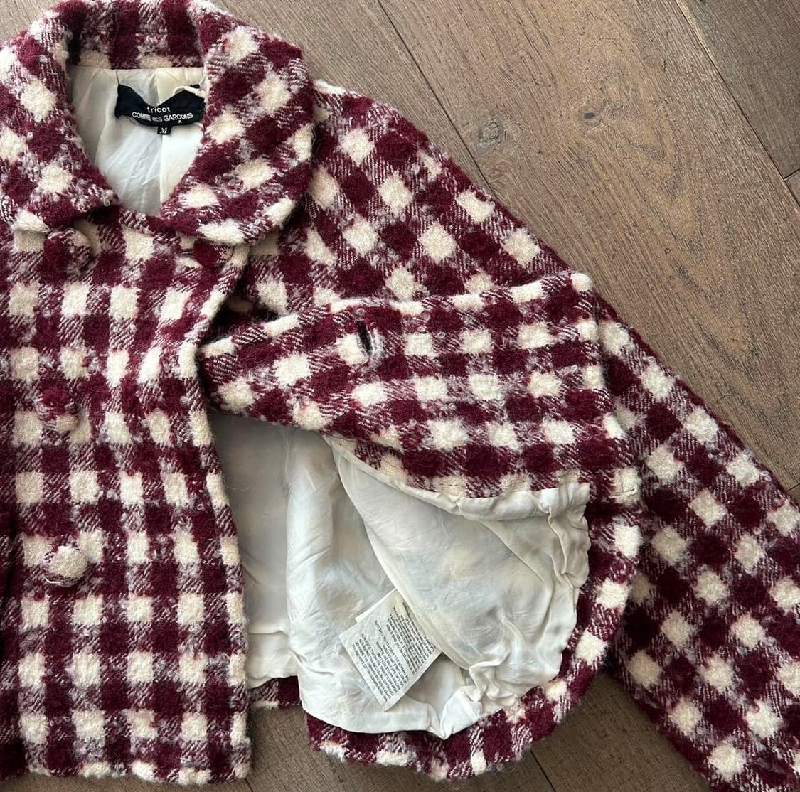 꼼데가르송 트리콧 깅엄체크 부클 더블 하프 코트 레드 상품이미지4