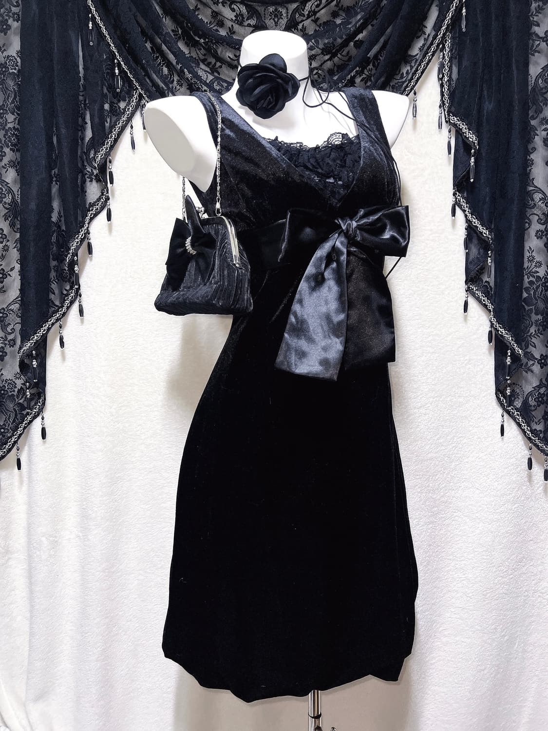 로맨틱고딕 고스로리 펑크 프릴레이스 리본 벨벳 원피스 히메 공겜 갸루 상품이미지1