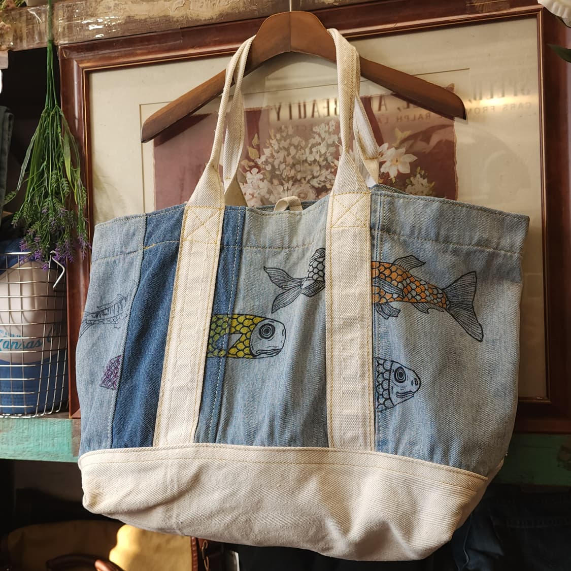 핸드 드로잉 빅사이즈 캔버스 데님 토트백 빈티지 더플백 리메이크 상품이미지3