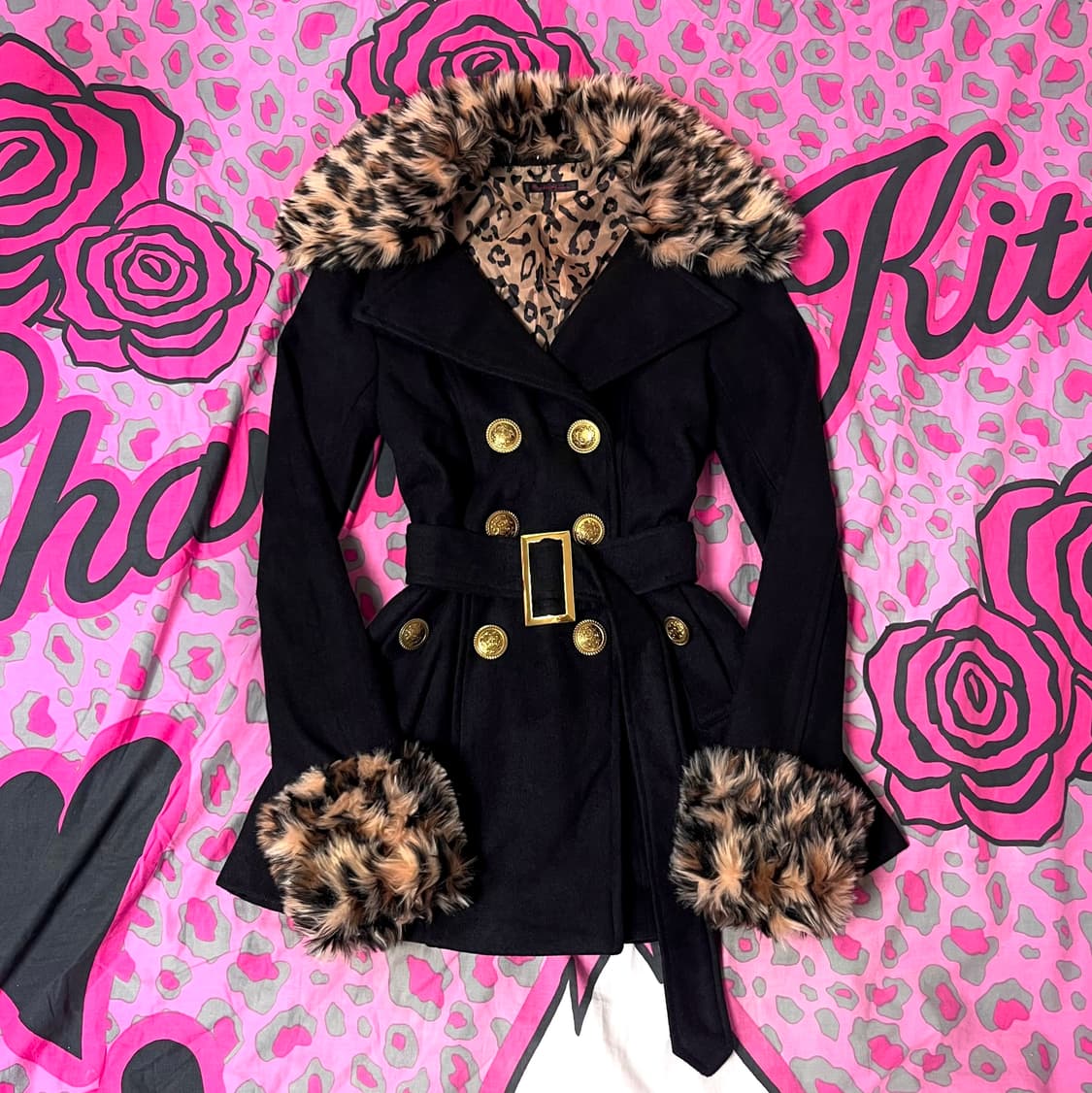 오네갸루 금장 레오파드 퍼 벨티드 코트 일본빈티지 y2k 핀터깔 90s 상품이미지1