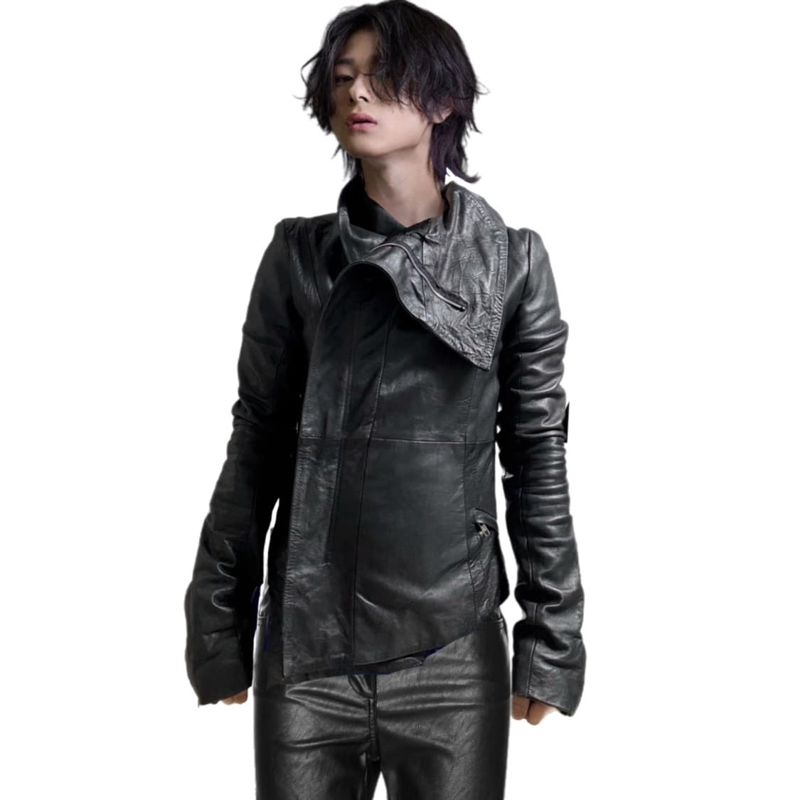 EKAM 시그니처 사선집업 변형하이넥 램스킨 레더 자켓 상품이미지1