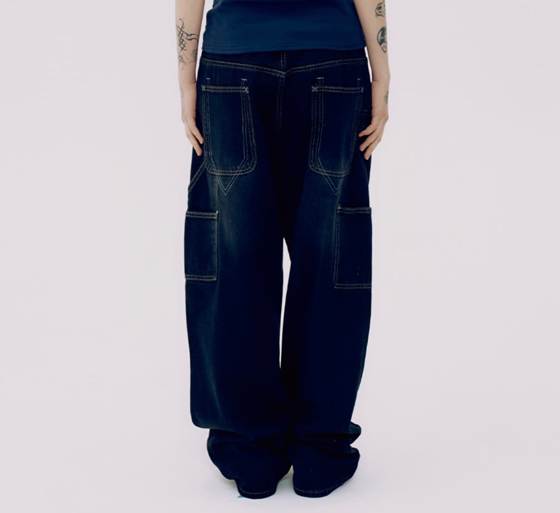 스티치 포인트 벌룬 데님 워싱 팬츠 (흑청) 상품이미지3