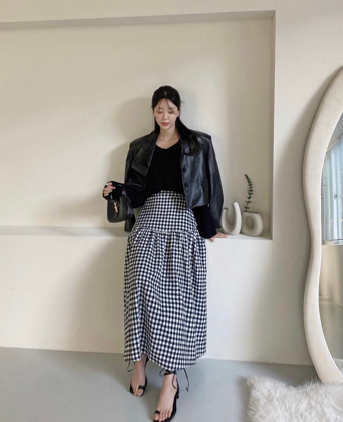 러브미우 카푸치노 깅엄 체크 스커트 드하우 요니핏 리본타이 온무드 상품이미지1