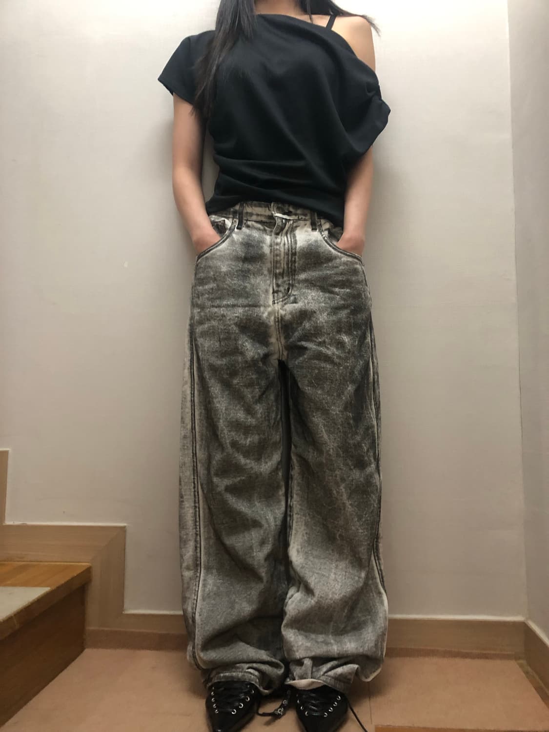 빈티지 블랙 앤 화이트 코팅 진 상품이미지3