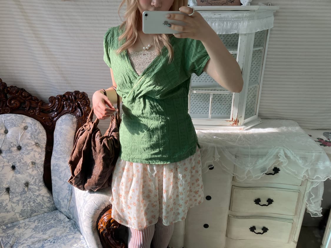 빈티지 그린 리본 블라우스 상품이미지4