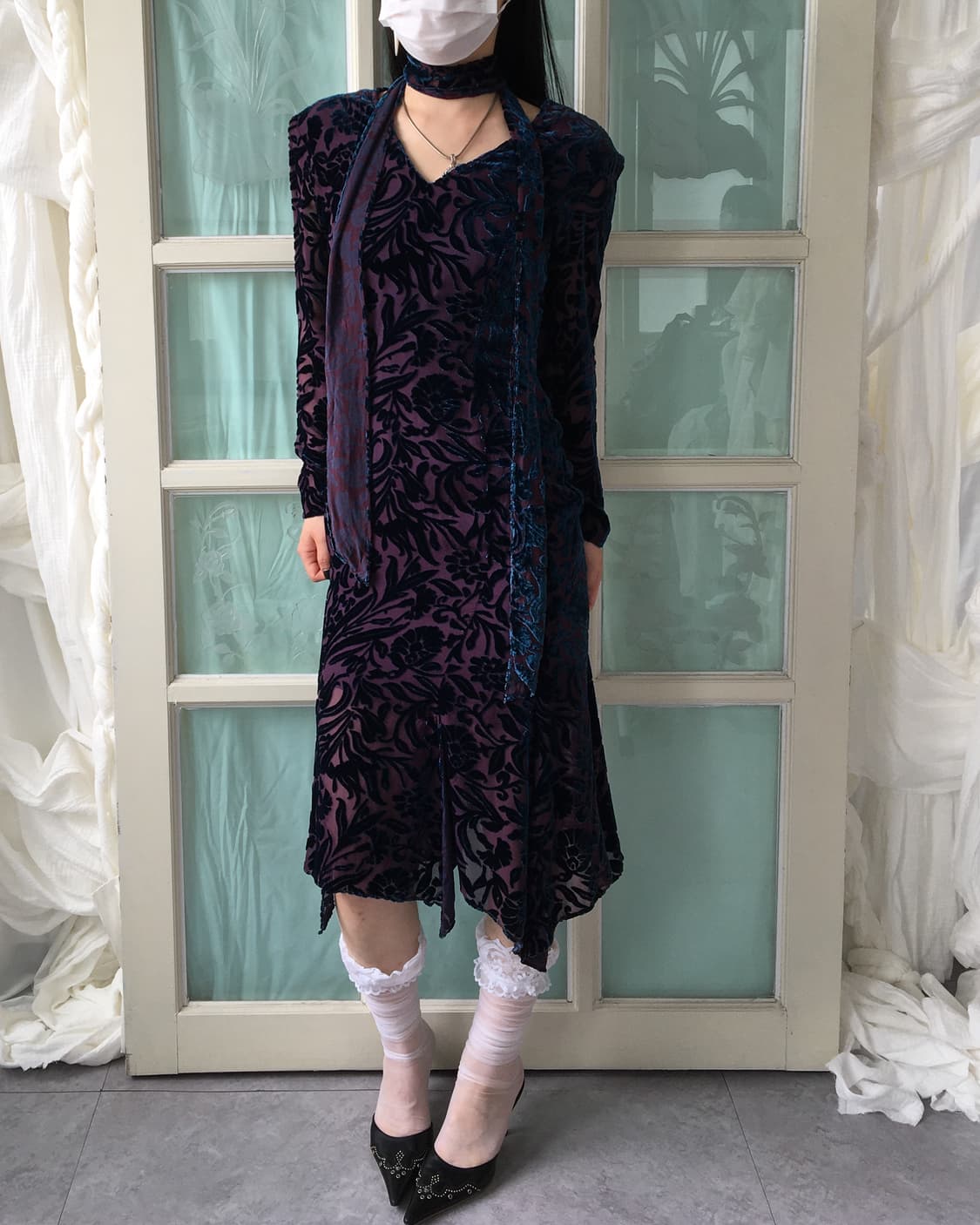 Oriental mood velvet pattern tied onepie 상품이미지1
