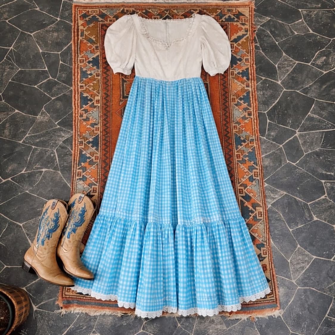 70s Prairie Dress 블루킹엄체크 빈티지 드레스 상품이미지1