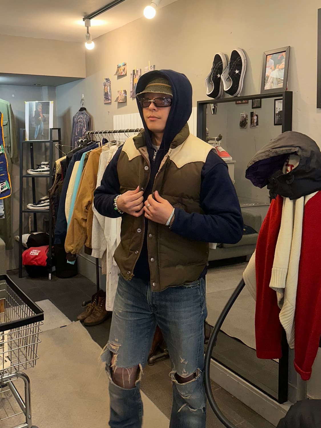 Sugar Cane leather yoke T/C down vest 상품이미지1