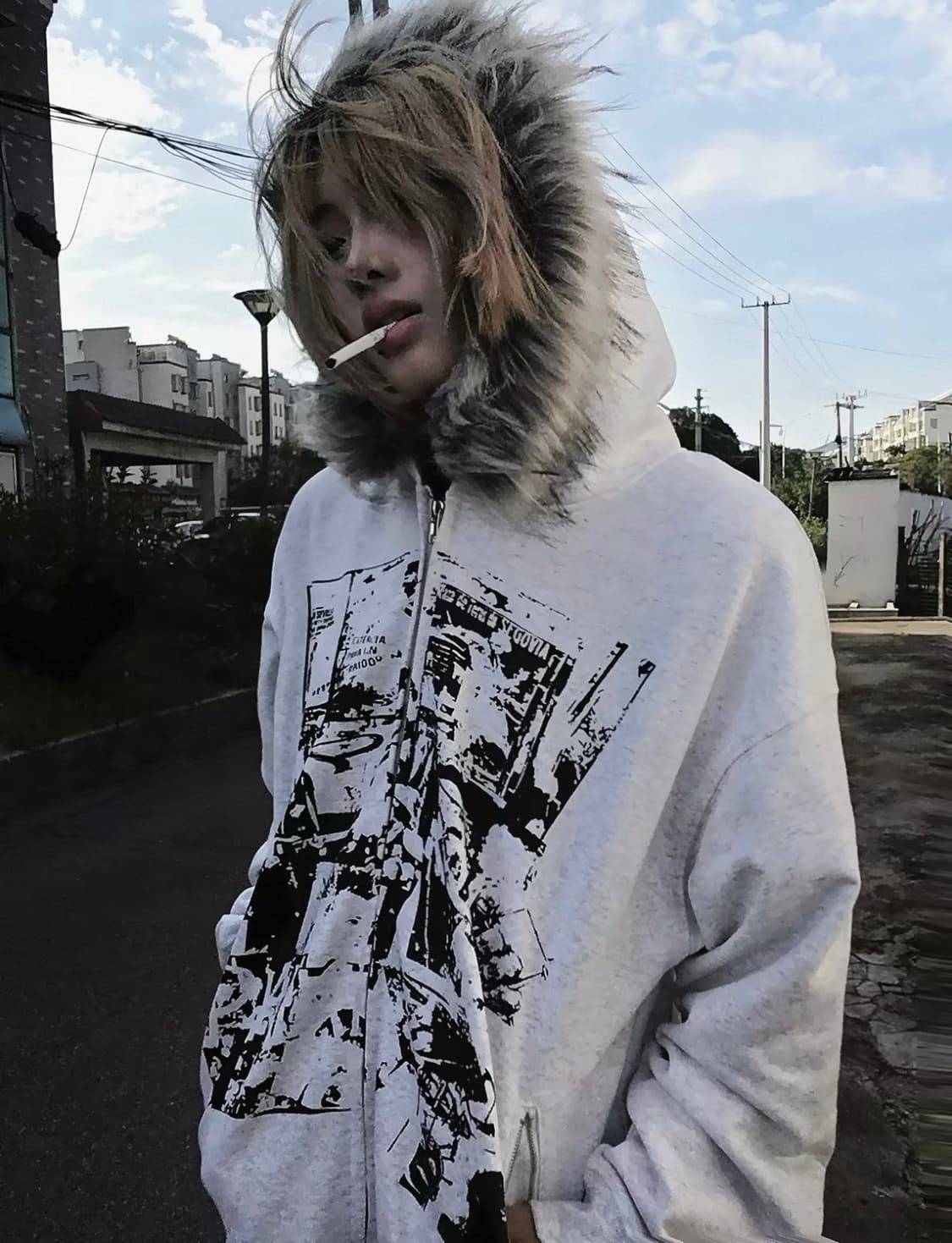 빈티지 퍼 후드집업 화이트 상품이미지2