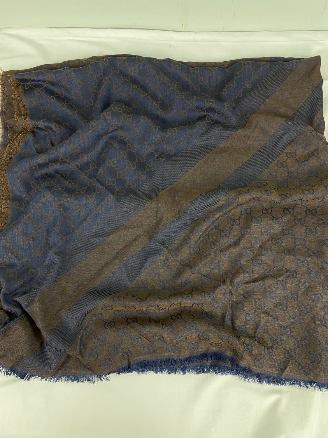 구찌 GG 자카드 울 실크 블루 브라운 스카프  상품이미지4