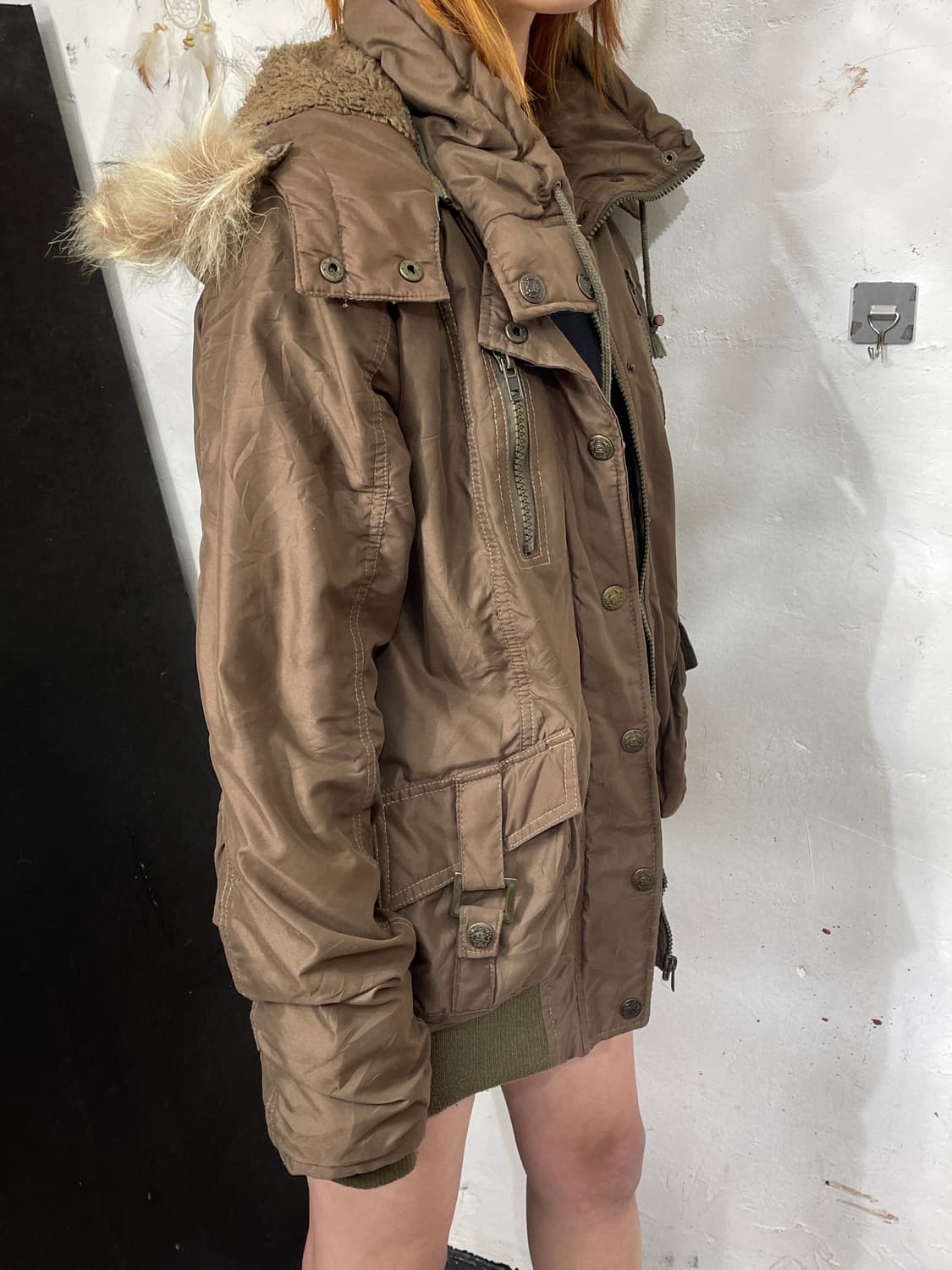 일본빈티지 퍼 후드 자켓 울프죠 브라운 야상 개파카 M 상품이미지4