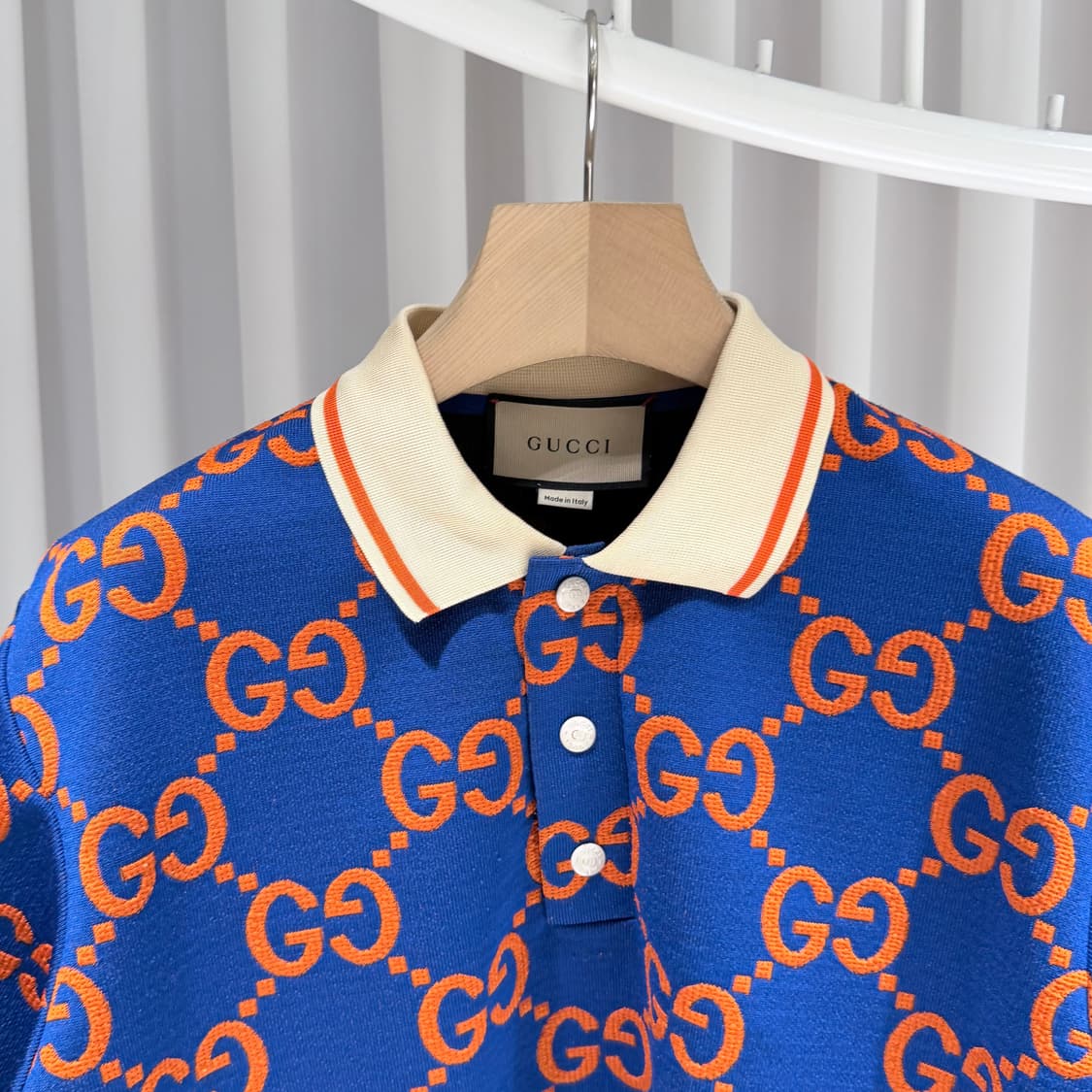 (S/L) / 구찌 GG 자카드 코튼 폴로 반팔 셔츠 블루 오렌지 상품이미지4
