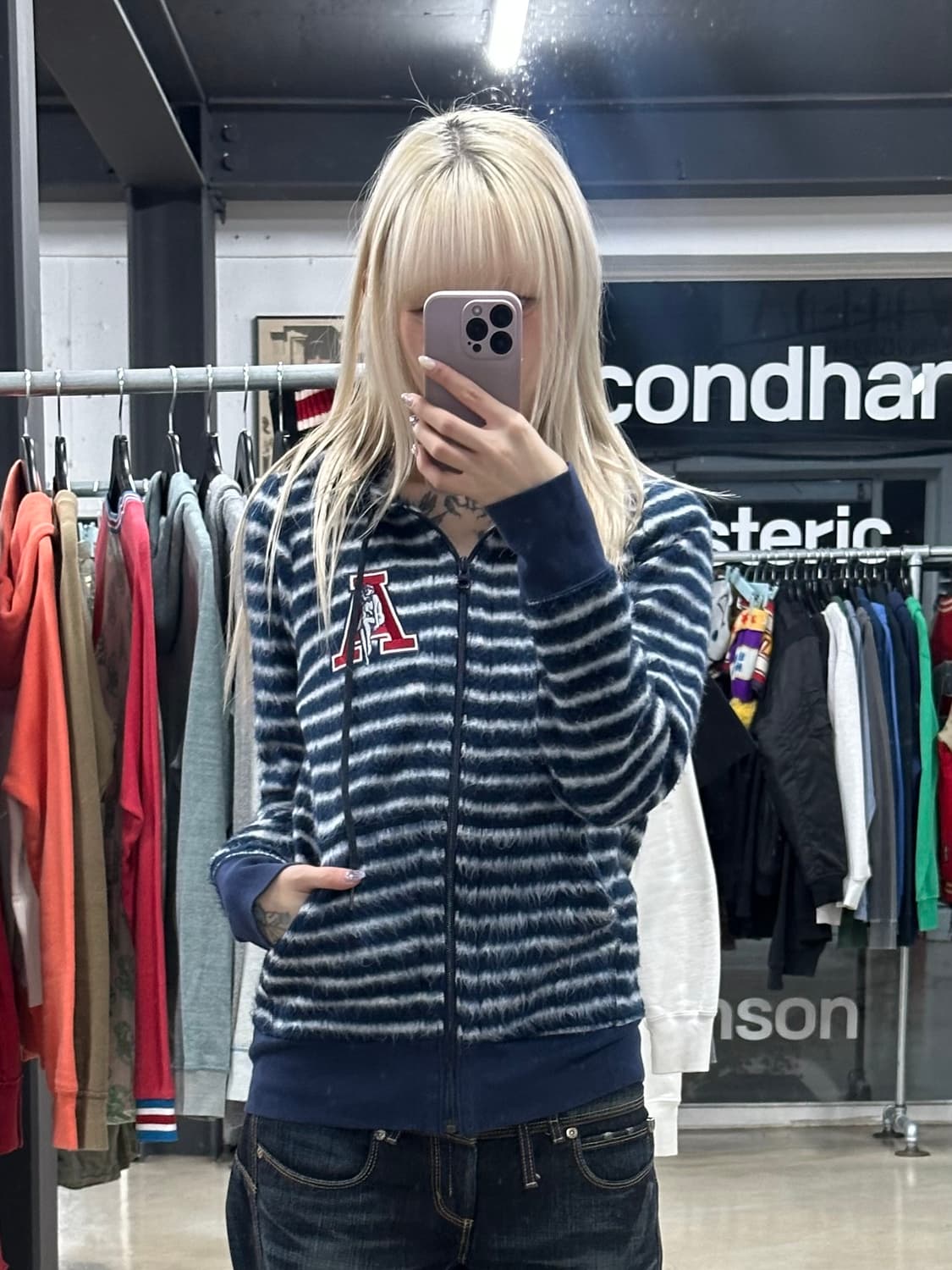 히스테릭 글래머 모헤어 스트라이프 후드 집업 상품이미지1