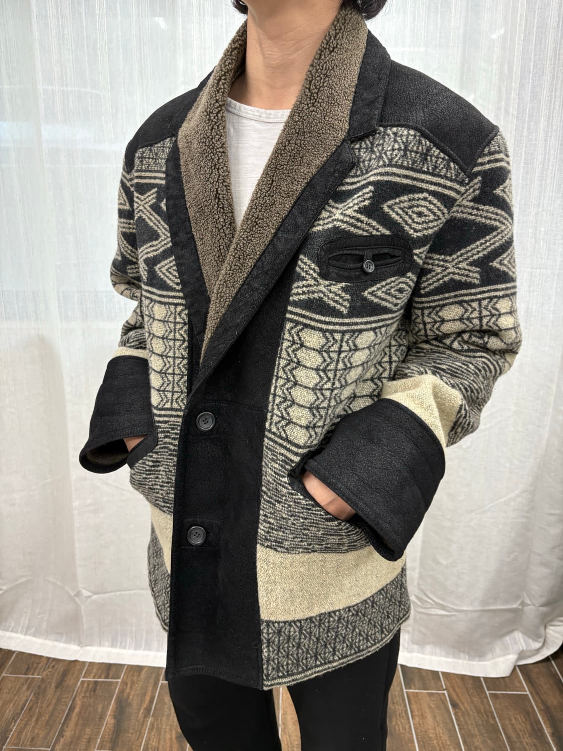 Jean Philippe 에스닉 패턴 쉐르파 숄카라 무스탕 자켓 상품이미지1