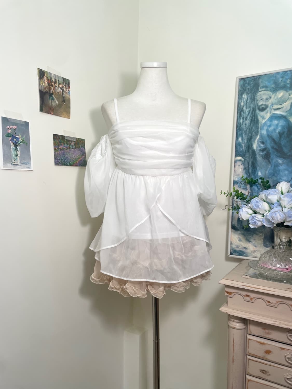 white chiffon draping off-shoulder blous 상품이미지1
