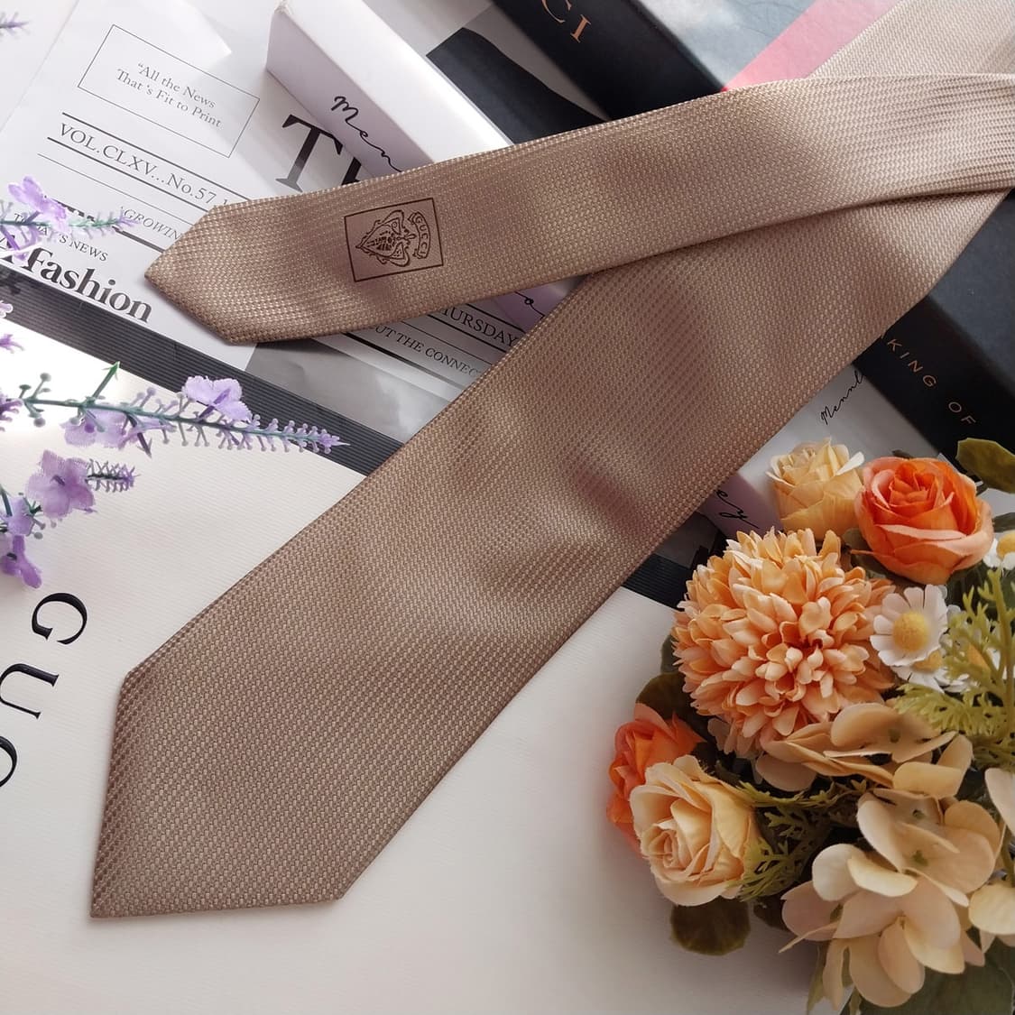 구찌 실크 진한 베이지 자카드 넥타이 8cm A+등급 K2552 상품이미지4