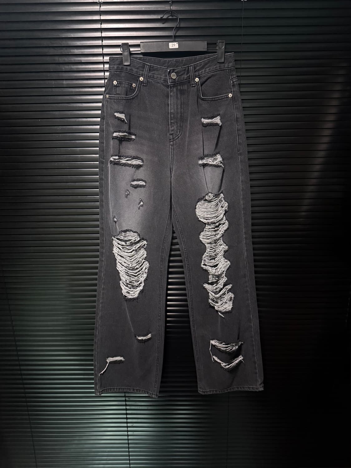 미드나잇무브 찢청 디스트로이드진 와이드 흑청 데님 M 27 블랙 워싱 상품이미지1