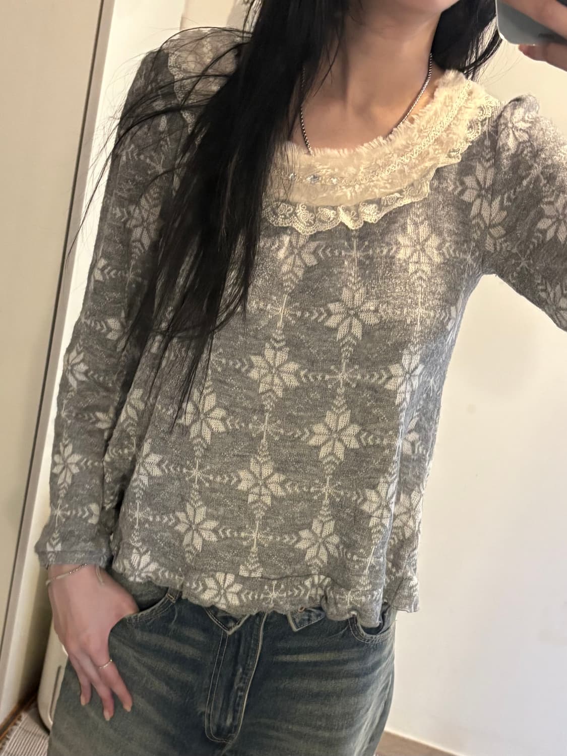 japan vintage floewr lace knitwear 상품이미지1