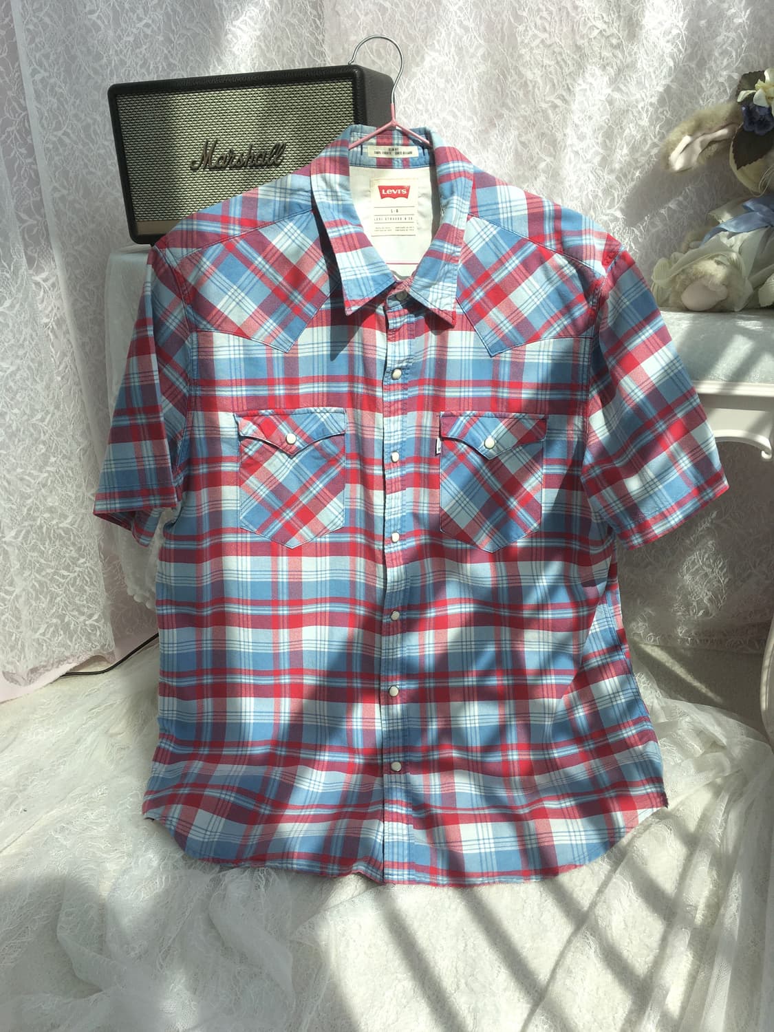 Levis baby blue red check half shirt 상품이미지3