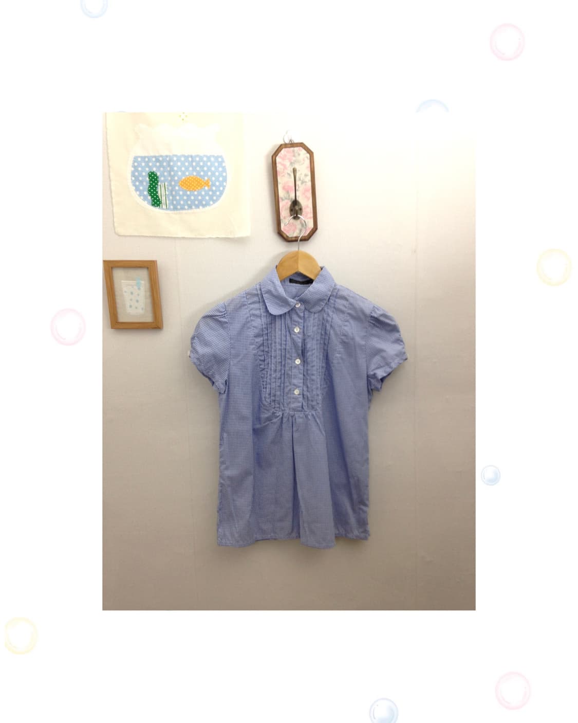 블루 체크 둥근 카라 블라우스 상품이미지1