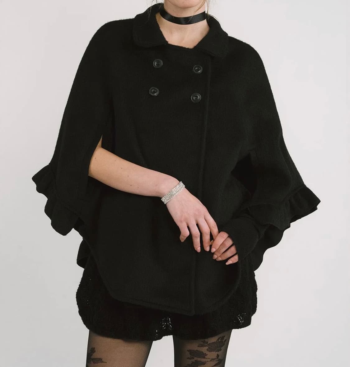 쓰리타임즈 문 케이프 코트 재킷 무스탕 블랙 클리시어 히메 갸루 상품이미지1