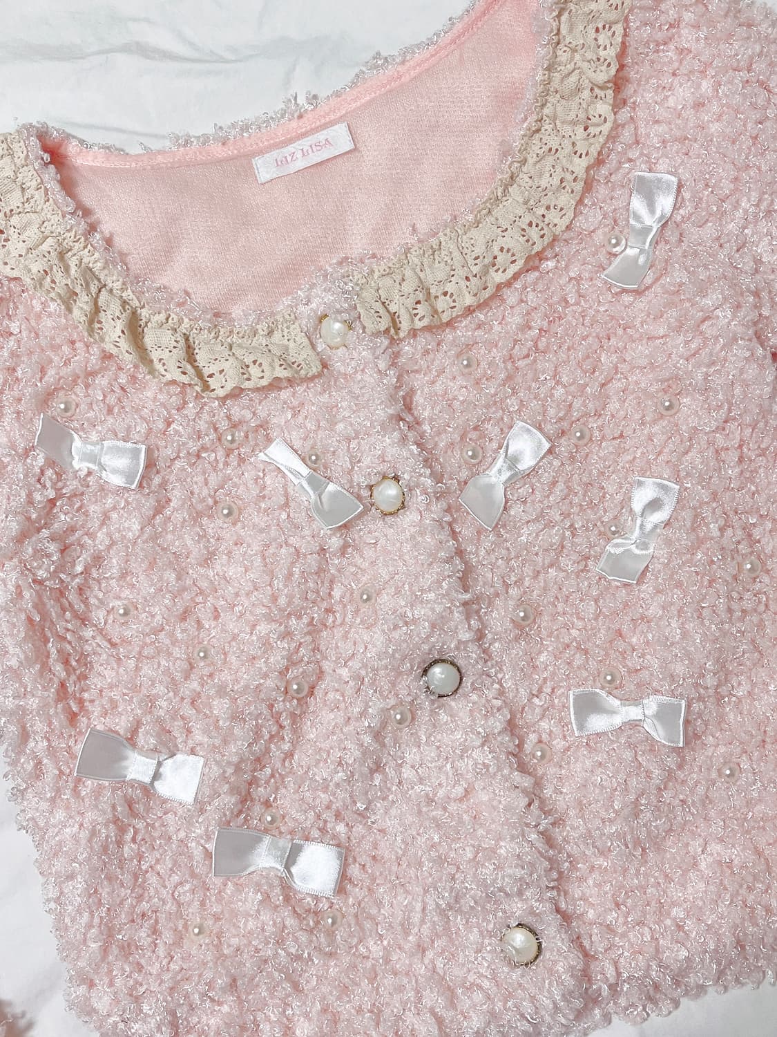 리즈리사 뽀글이 리본 니트 가디건 히메갸루 로걀 라떼갸루 핑크 빈티지 상품이미지3