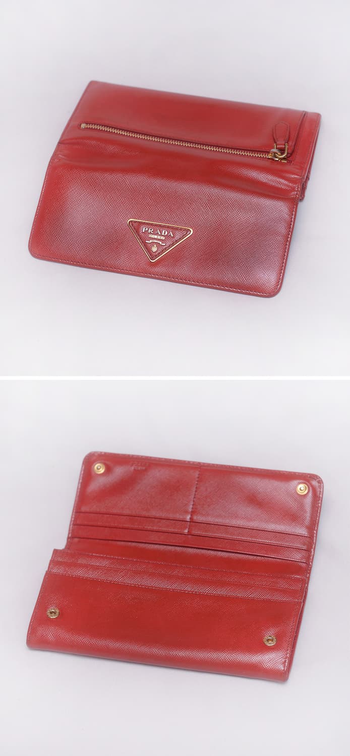 프라다 삼각로고 금장 레드 사피아노 플랩 장지갑 상품이미지5