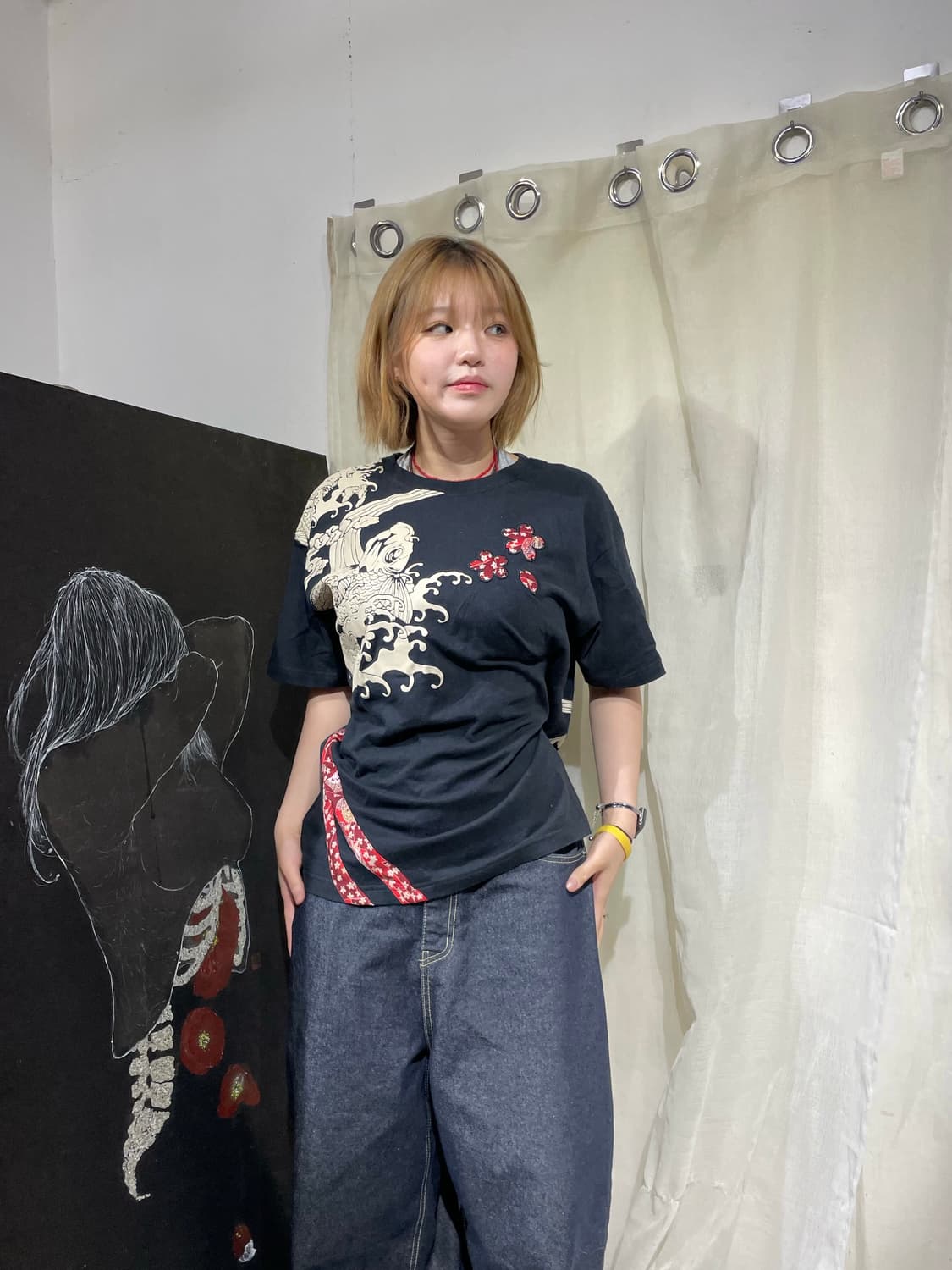 일본 빈티지 오리엔탈 프린팅 반팔티 L 상품이미지2