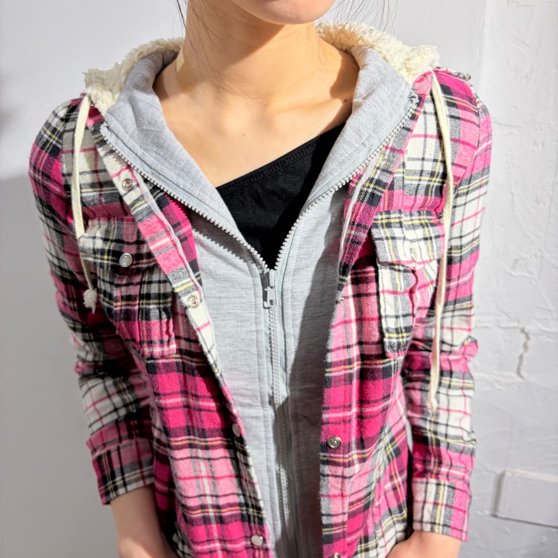 Wazp 핑크 레이어드 후드집업 상품이미지3