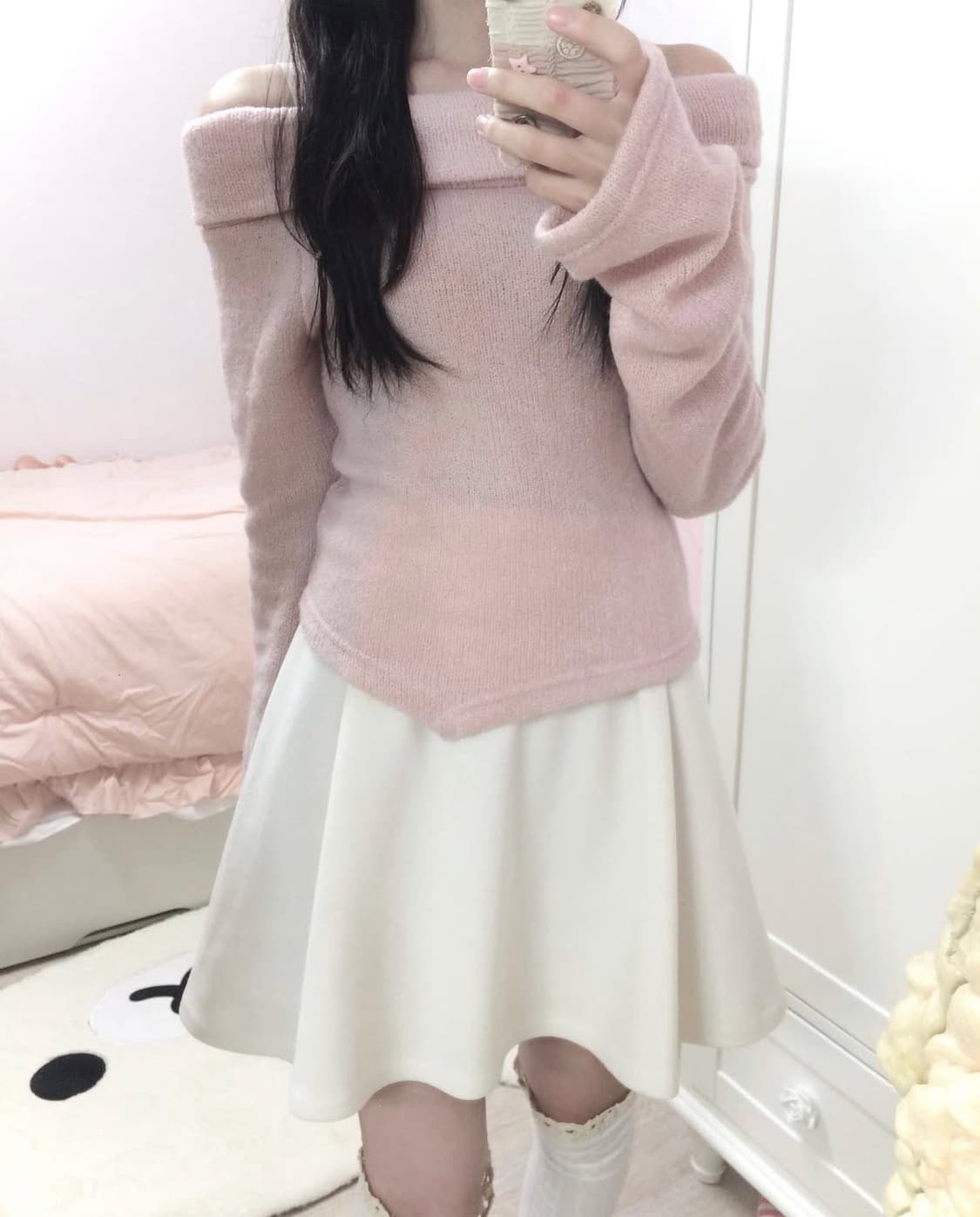 스너그 sung 오프숄더 니트, 스커트 코디세트 라떼갸루 상품이미지1