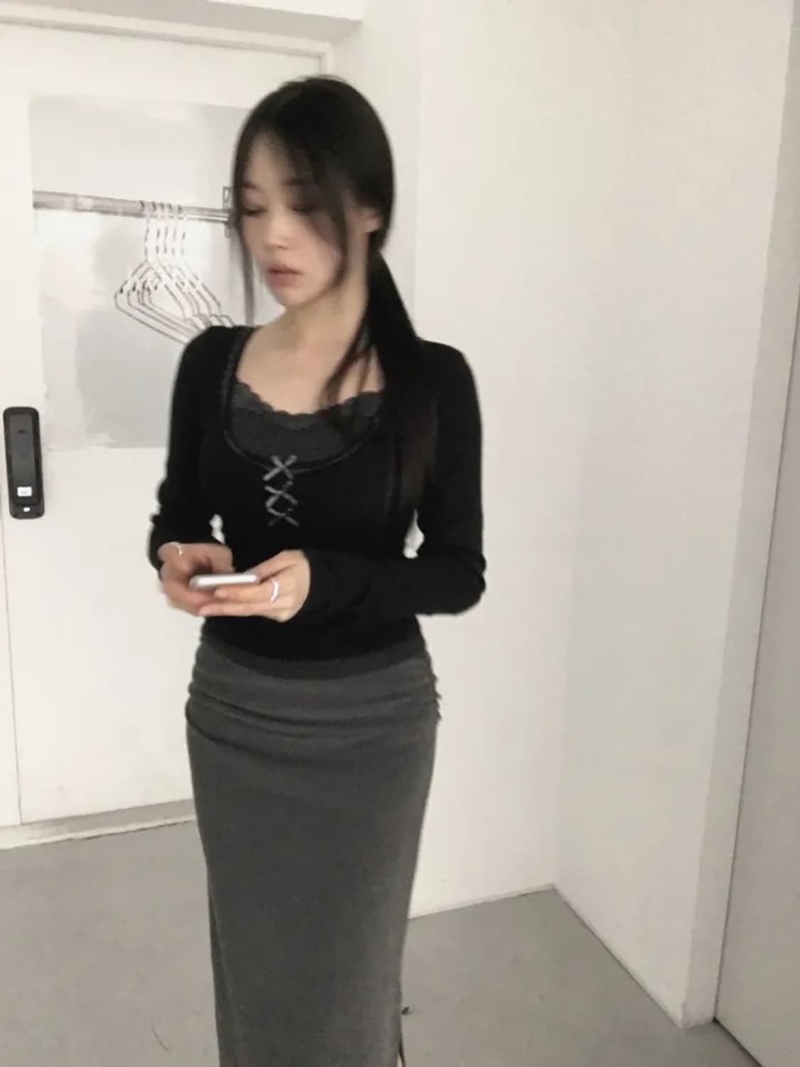 새거)레이스 리본 셔링 긴팔 티셔츠 미스치프 쓰리타임즈 코이세이오 미소녀 상품이미지4