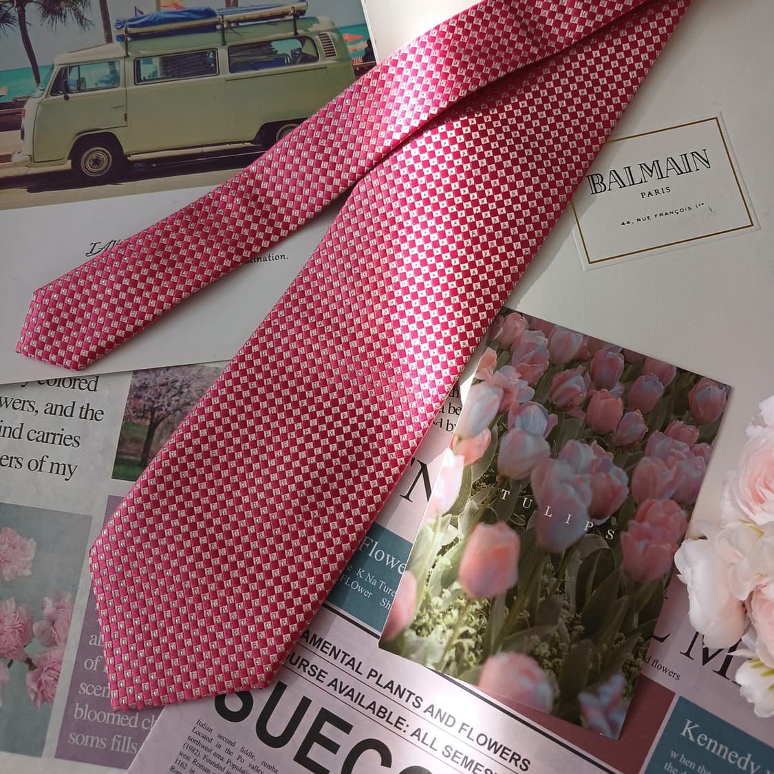 피에르 발망 실크 핑크 체크 패턴 넥타이 9.1cm A+등급 A18927 상품이미지5