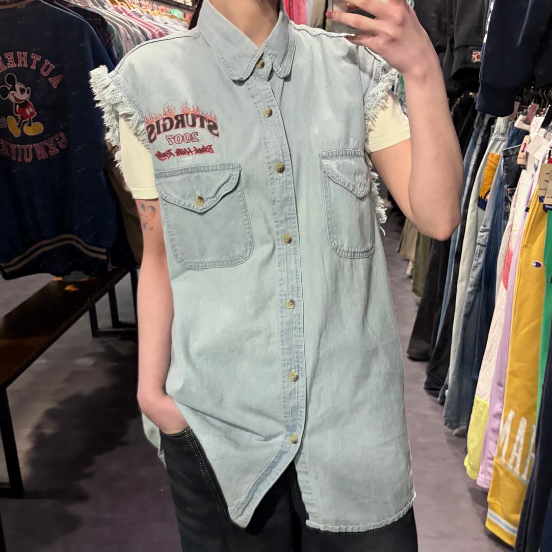 [IM]vtg 바이커 프린팅 컷오프 데님 베스트 연청 상품이미지4